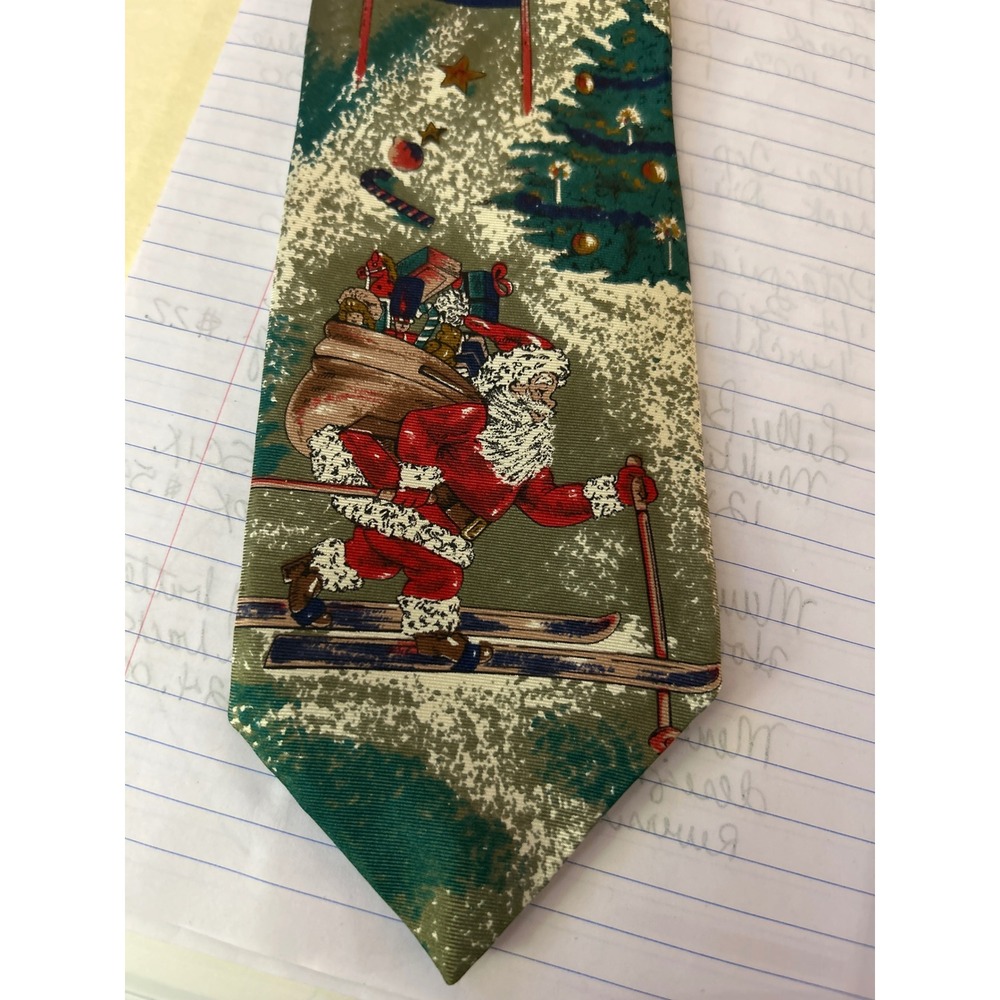 Novelty Christmas Necktie Dillard's Skiing Santa Claus Holiday Party 100% silk
